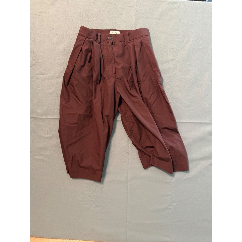COS Women Burgundy Pleated Wide Leg Cropped Cotton Trousers Size 6 High Rise
